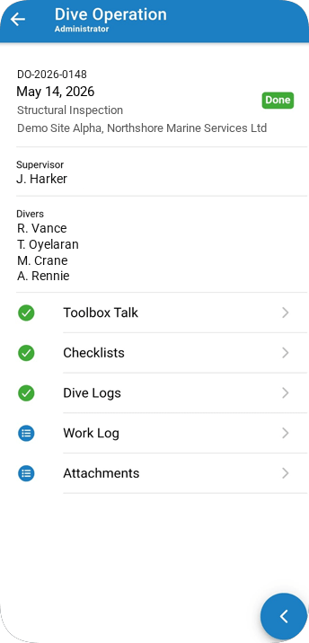 D.O.P.A. mobile operation screen showing supervisor, divers, toolbox talk, checklists, dive logs, work log and attachments.